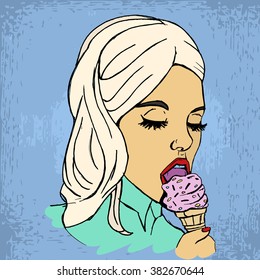Hand drawn woman with blond hair eat ice cream. Vector stock illustration