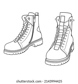 Hand drawn woman boots shoes. Doodle vector illustration. 3D view.