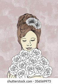 Hand drawn woman with bouquet of roses