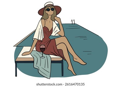 A hand drawn woman by the pool. Good for any project.