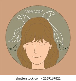 Hand drawn woman cartoon character with Capricorn zodiac sign, word and stars vector illustration isolated on green circle and orange background.