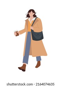 Hand drawn woman in casual clothes walking with coffee, isolated vector illustration in flat style