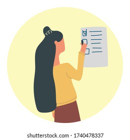 Señores de mano a las mujeres que revisan para hacer la lista. Simple ilustración vectorial plana. Planificación residencial. 