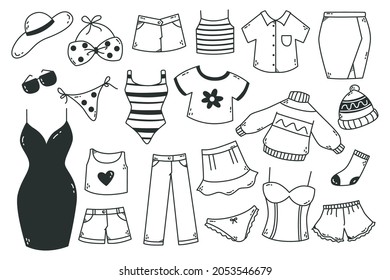 Hand drawn Woman clothing doodle set isolated on white background