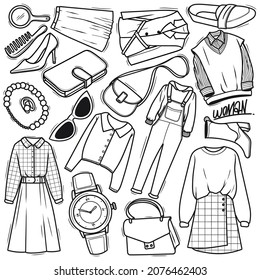 Hand drawn Woman clothing doodle vector set