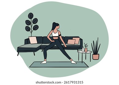 A hand drawn woman doing exercises at home. Good for any project.