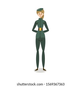 Hand drawn woman in elegant green military uniform illustration