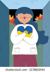 Hand drawn woman embracing Ukraine heart. Pray for peace in Ukraine. Stop war in Ukraine. Flat vector illustration background.