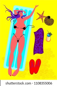 Hand drawn woman is enjoying vacation. Vector illustration.