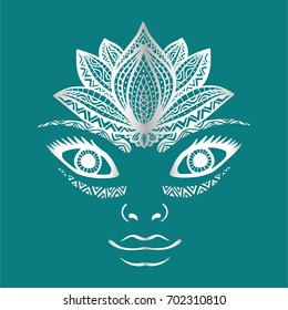 Hand drawn woman face, Beautiful portrait of pretty girl face with lotus flower crown as headpiece. Elegant fashion woman vector illustration in ethnic boho tribal style on blue background.