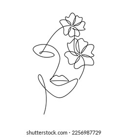 Hand drawn woman face with flower continuous line drawing. Modern abstract one line style illustration. Female portrait vector. Minimal design element for print, banner, wall art poster, brochure