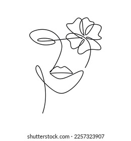 Hand drawn woman face with flower continuous line drawing. Modern abstract one line style illustration. Female portrait vector. Minimal design element for print, banner, wall art poster, brochure