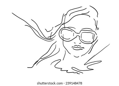 Hand Drawn Woman Face With Glasses - sketch vector illustration