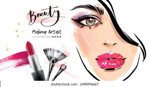 Hand Drawn Woman Face Makeup. Perfect Model Look. Red Shiny Lips. Beautiful Make Up Fashion Illustration.