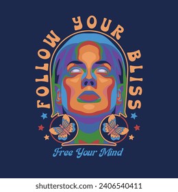 HAND DRAWN WOMAN FACE PSYCHEDELIC TRIPPY RETRO HUMAN PERSON PEOPLE OPTIMISM POSITIVITY BUTTERFLY VINTAGE TSHIRT TEE PRINT FOR APPAREL MERCHANDISE