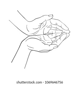 hand drawn woman hands embrace, line drawing palms, vector illustration