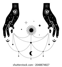 Hand drawn woman hands with Sun, Moon, eye and stars in line art. Spiritual symbol celestial space. Magic talisman, antique style, boho, tattoo, logo. Vector illustration isolated on white background