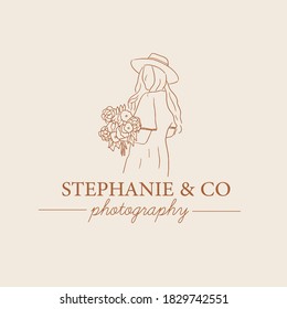 Hand drawn woman with hat bring the flowers. Ink hand drawn picture sign sketch in art doodle style. Perfect for logo or instagram highlight cover stories, logotype, invitation, label, greeting card, 