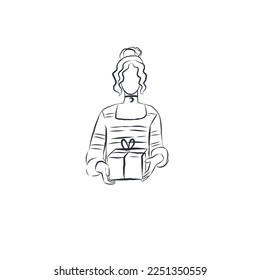 Hand drawn woman holding a present vector line sketch.