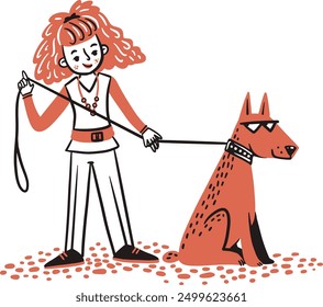 Hand Drawn woman with huge red dog