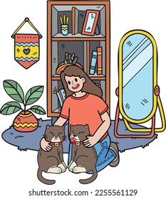 Hand Drawn woman hugging cat in the room illustration in doodle style isolated on background