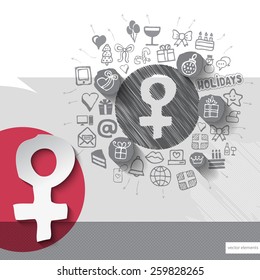 Hand drawn woman icons with icons background. Vector illustration