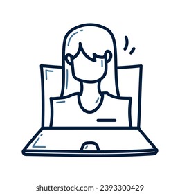 Hand drawn woman with laptop doodle line illustration design. Woman with laptop doodle icon.