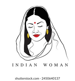 Hand drawn woman line art, An art of Indian woman, Vector illustration of countryside lady