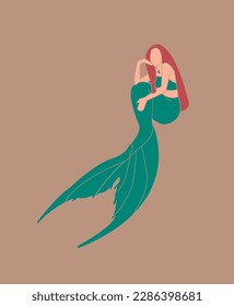 Hand Drawn Woman Mermaid Boho Vector Flat Illustration. Mystical Woman, Female Concept Art, Beautiful Esoteric Female Silhouettes.