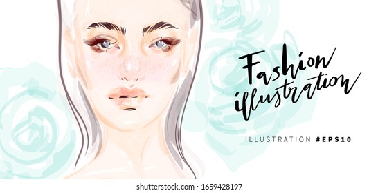 Hand drawn woman model face banner. Fashion illustration. Modern portrait sketch.