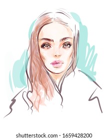 Hand drawn woman model face fashion illustration. Modern portrait sketch.
