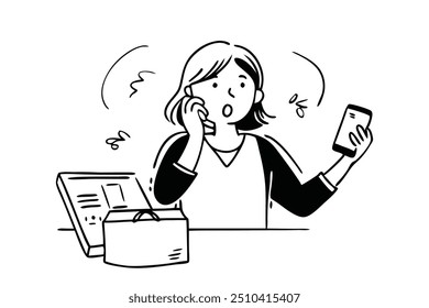 Hand drawn Woman on phone receiving wrong product delivery at home, feeling confused, doodle line art flat vector illustraiton