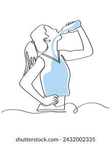 Hand drawn woman in one line style in sportswear drinks water. Compliance with drinking regime. Water balance as a continuous line. Vector illustration. Line art.