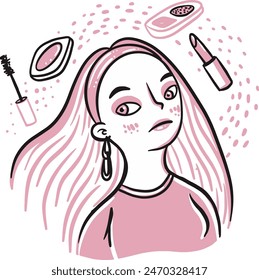 Hand Drawn - woman in pink with makeup lipstick, blush and mascara