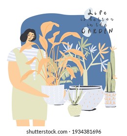 Hand drawn woman with plants in the flower pots. Lettering style text. Vector illustration
