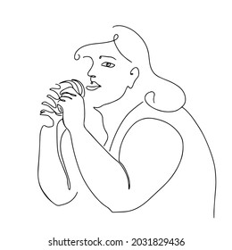 Hand drawn woman portrait line art. Plus-sized woman body silhouette. Outline drawing female eating burger. Abstract minimalistic linear sketch.  Body positive vector illustration