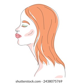 Hand drawn woman portrait outline.  Profile of a young redhead female. Vector illustration