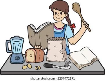 Hand Drawn woman practicing cooking illustration in doodle style isolated on background