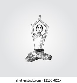 Hand drawn woman practicing yoga, Sukhasana exercise. Vector illustration of yoga pose in sketch style isolated on white background. 