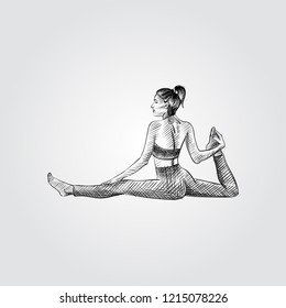 Hand drawn woman practicing yoga, stretching exercise. Vector illustration of yoga pose in sketch style isolated on white background. 