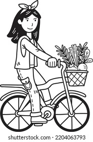 Hand Drawn woman riding a bicycle with vegetables and fruits in a basket illustration isolated on background