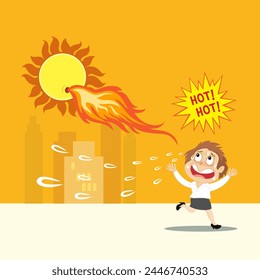 
 Hand drawn woman run away from extreme heat on a hot day. Angry sun Stock, Unhealthy heat, Heat Wave concept. Flat, Poster, Vector, Illustration, Cartoon, EPS10.  