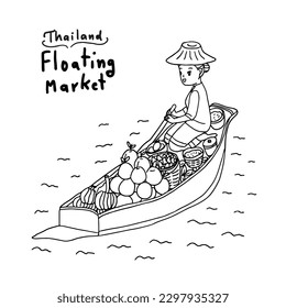 Hand Drawn woman selling fruits in Floating Market Thailand, outline vector illustration