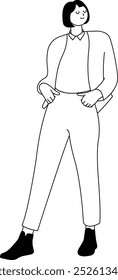 Mulher De Pé Desenhada À Mão Personagem De Pose. Design de esboço vetorial.