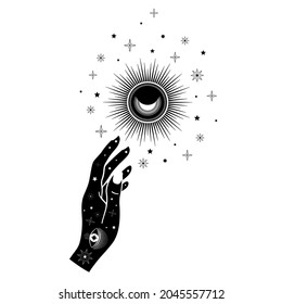 Hand drawn woman hand with Sun, Moon, eye and stars in line art. Spiritual symbol celestial space. Magic talisman, antique style, boho, tattoo, logo. Vector illustration isolated on white background