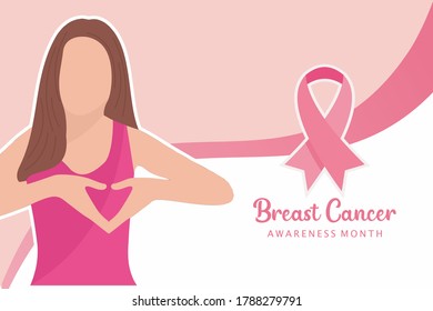Hand drawn woman supporting breast cancer awareness with ribbon