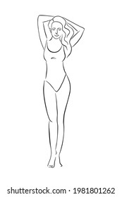 Hand Drawn Woman in Swimsuit Isolated Vector Illustration. Continuous line drawing for logo, emblem, template, web, prints, cosmetics, spa, beauty care products. Line art of beautiful young woman