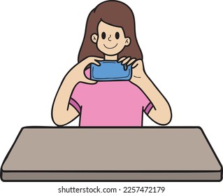 Hand Drawn woman taking photo on dining table illustration in doodle style isolated on background