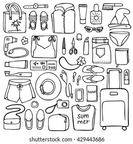 Hand drawn Woman travel elements on white background. Flat lay 