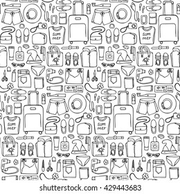 Hand drawn Woman travel seamless pattern on white background. Flat lay. 